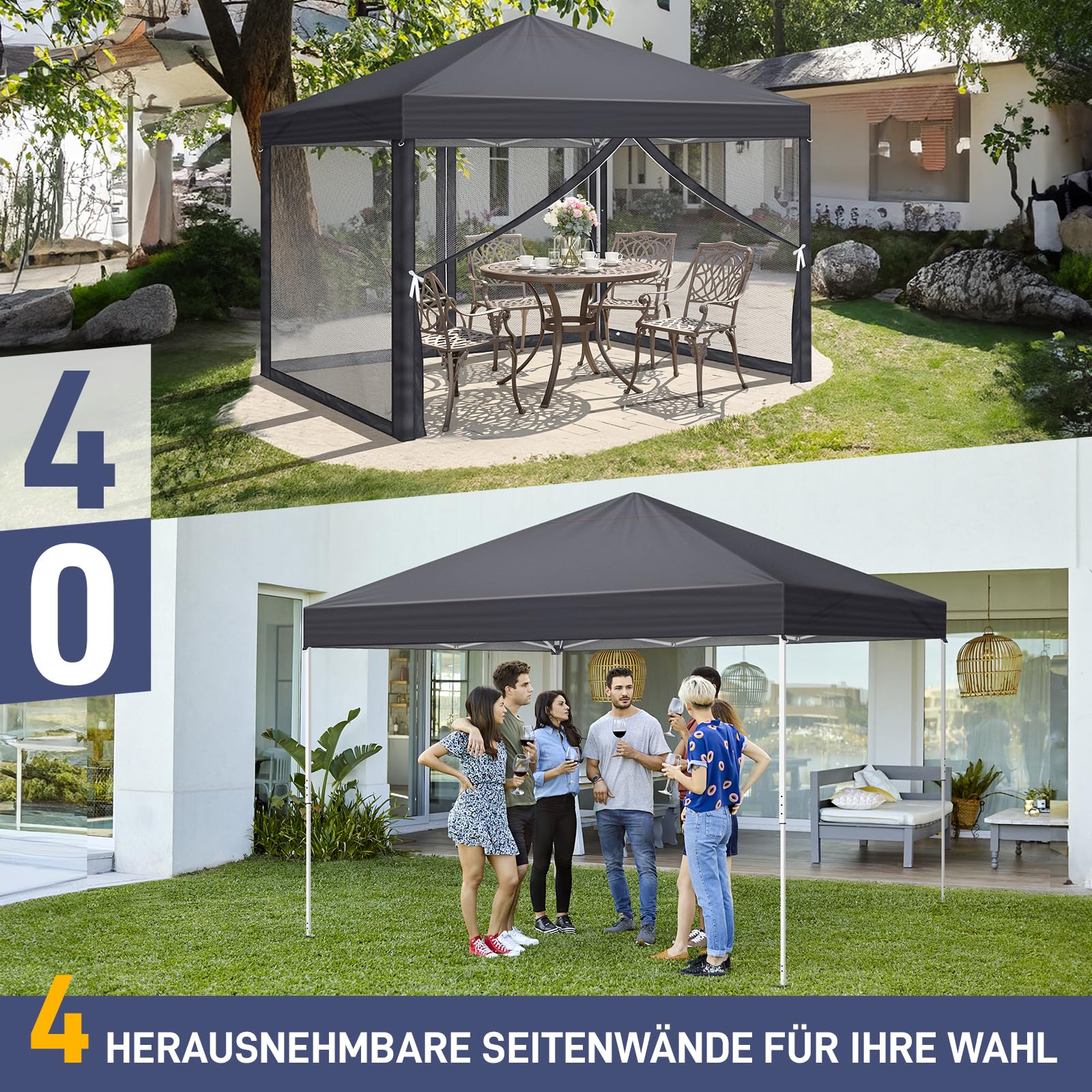 LEADZM Pavillon,Faltpavillon,Wasserdicht,UV Schutz 50+,Höhenverstellbar mit Moskitonetzen, Stabil, Ideal für Garten, Terrasse, Camping und gewerbliche Nutzung (Anthrazit, 3x3-4 Seitenteilen)