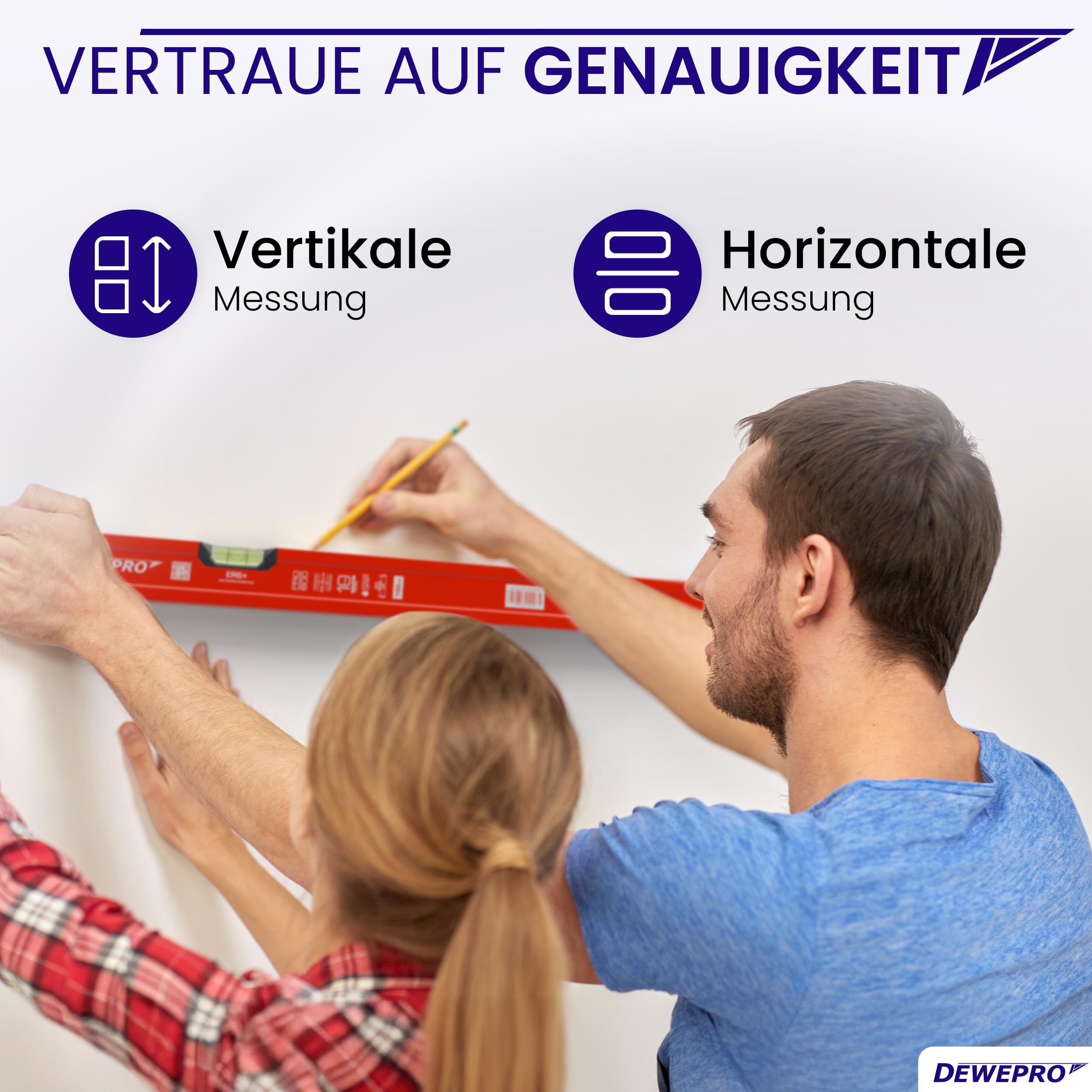 DEWEPRO Profi Wasserwaage Aluminium Rot 200 cm - Messgenauigkeit 0,5 mm/m | Robuste Alu-Wasserwaage mit 2 Blocklibellen, 49 x 22 mm Profil und schlagfesten Endkappen für exaktes Ausrichten.