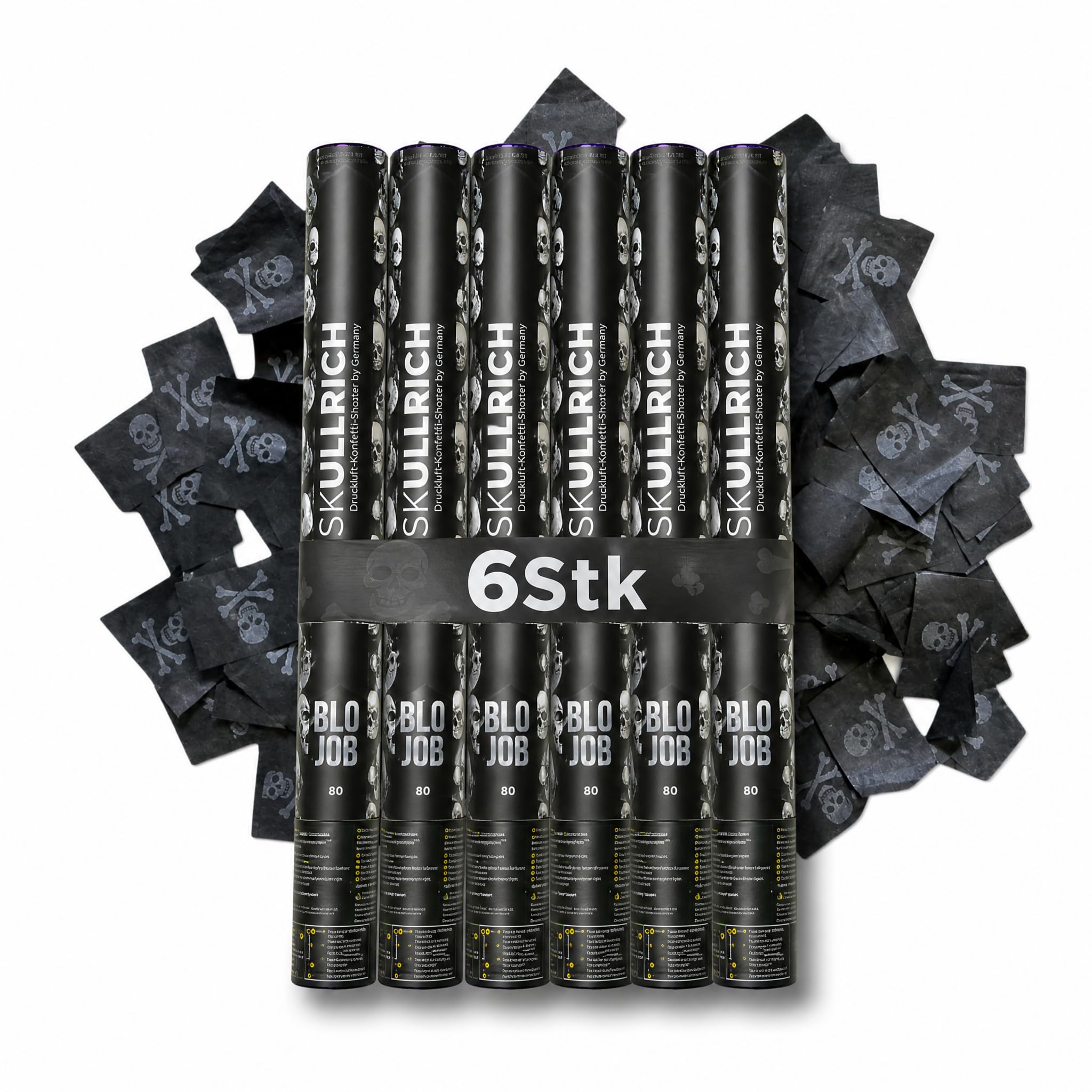 Pyroland 6 Stück Konfettikanone Skullrich 80 cm, schwarzes Konfetti mit Piratenflagge, lustiger Party Popper für Halloween, Mottoparty und Geburtstag