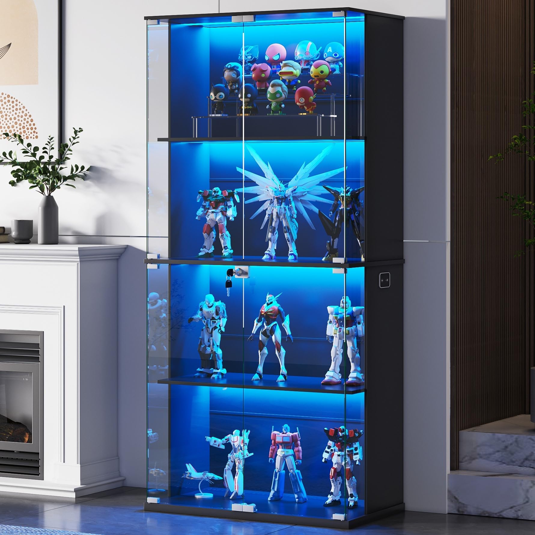 Gurexl 168 CM Vitrina de Cristal con LED luz y Sensor de Movimiento,Vitrinas de 4 Niveles para Colecciones con Puerta de Cristal con Cerradura,Curio Vitrina para Sala de Estar,Coleccionables,Negro