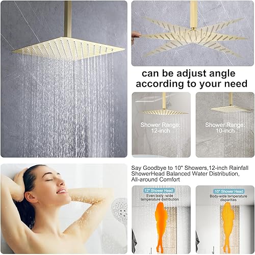 Miniatura 4 de Enga Sistema de ducha de lluvia de oro cepillado con chorros corporales, sistema de chorros de ducha de lluvia de 12 pulgadas, juego de grifo de Oro