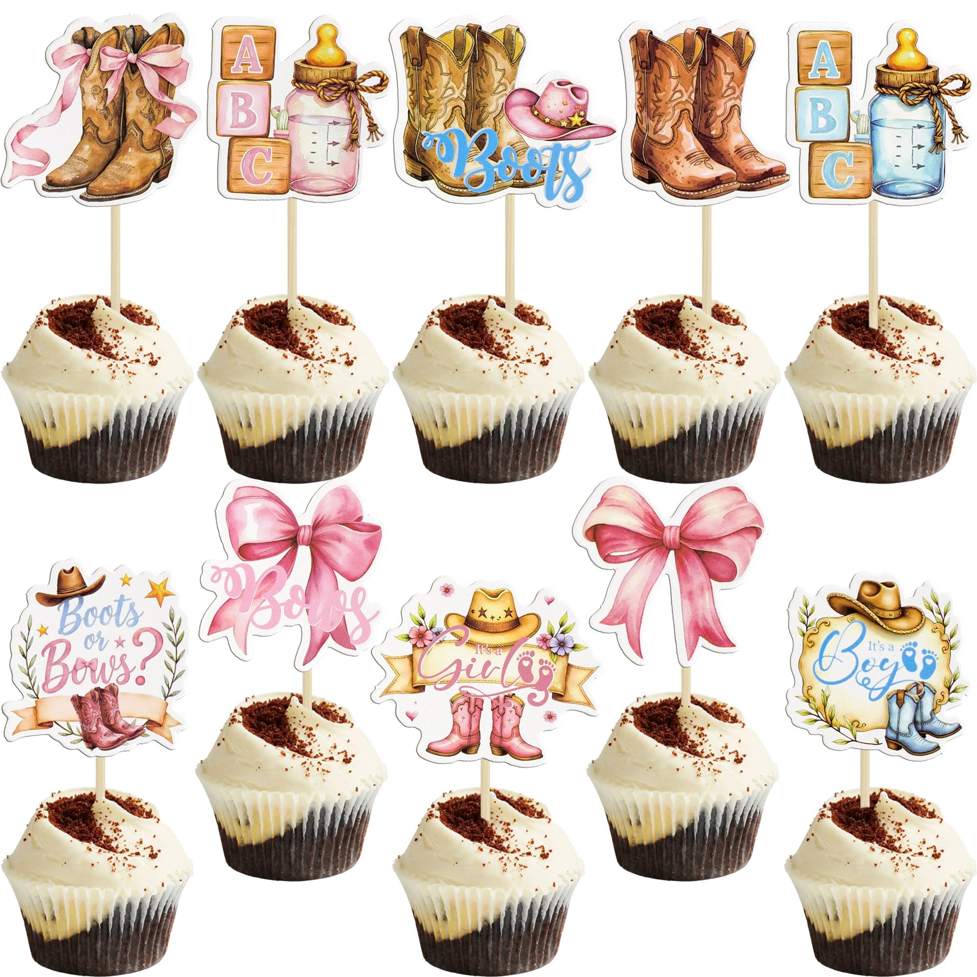 Gyufise 40Pcs Boots or Bows Cupcake Toppers Western Cowboy or Cowgirl Cupcake Picks It's a Boy It's a Girl Cake Decorations for Baby Shower Gender Reveal Birthday Party Supplies Coffee Pink