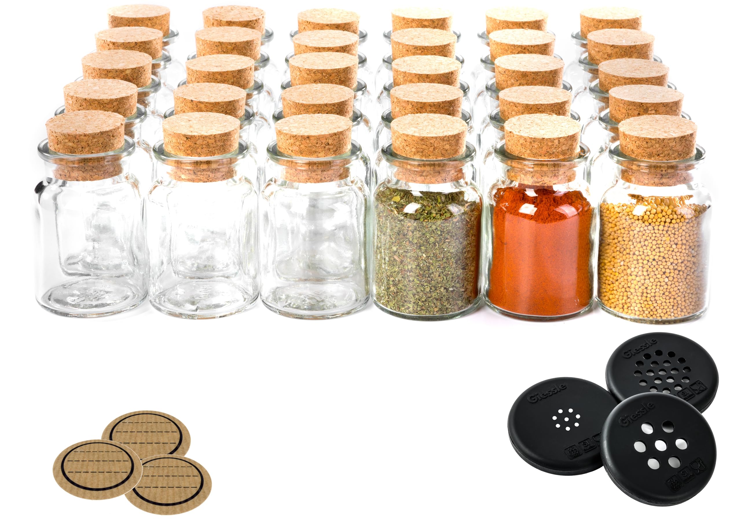30x runde Gewürzgläser mit Korken - kleine Vorratsgläser Set | Gewürzdosen, Glasbehälter und Vorratsdosen - Korkenglas für Gewürze und Kräuter in der Küche