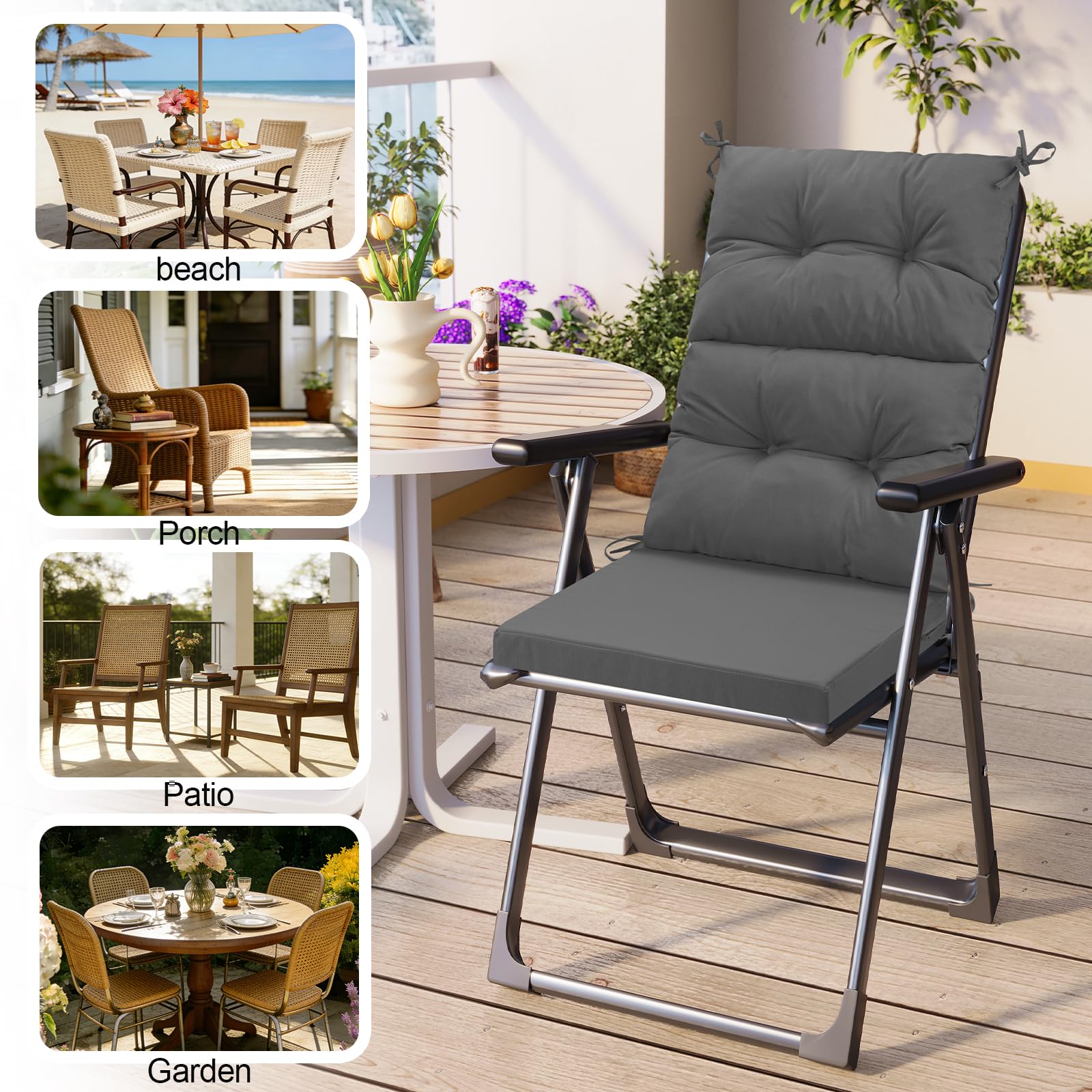 Cuscino per sedia da giardino con schienale alto, 120 x 50 cm, impermeabile, in rattan, con schienale trapuntato e laccetti, per mobili da giardino e patio, lettini, 120 x 50 cm, grigio