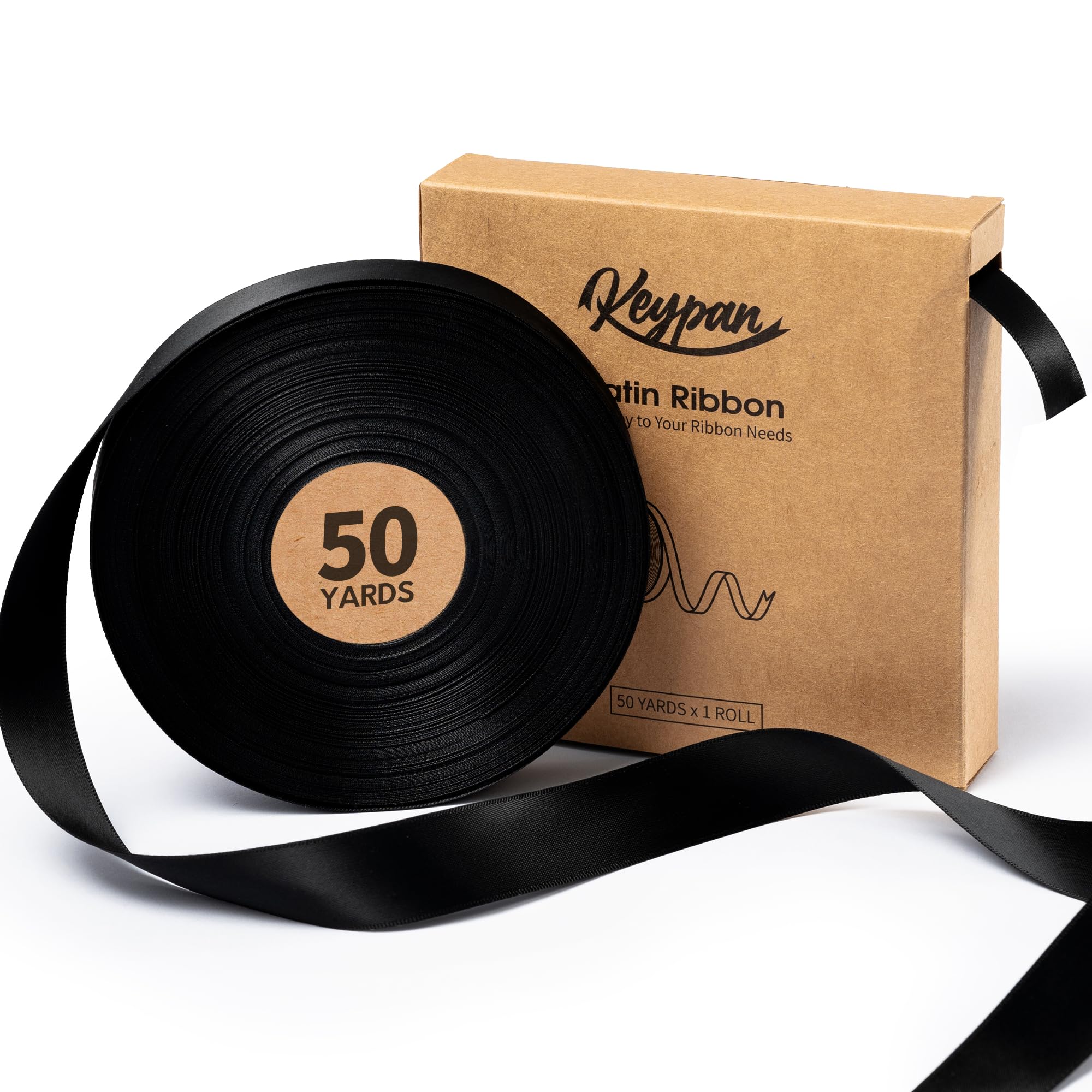 Keypan Black Ribbon 22 mm x 45,7 m Double-Faced Polyester Hair Satin Ribbons for Women, for Wrapping Paper Bows Gift Wedding Invitations DIY Crafts โ image 1