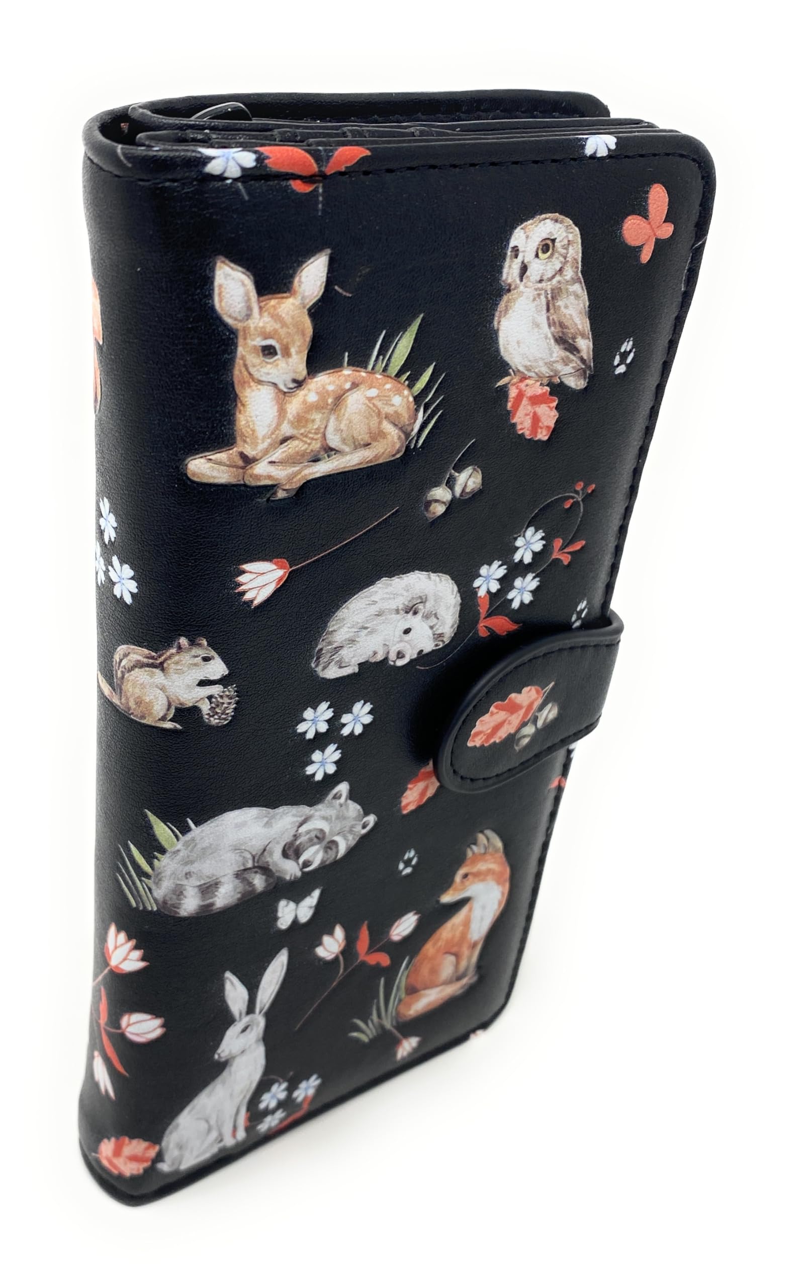 Shag Wear Forest Animal Friends Large Wallet for Women and Teen Girls Vegan Faux Leather 7" Black