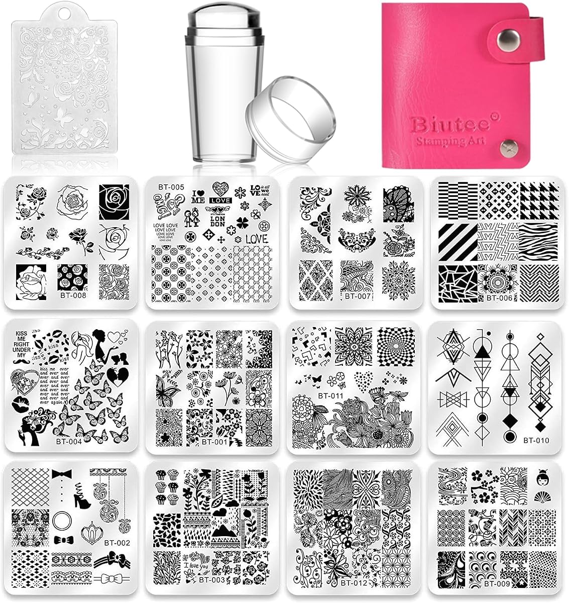 Juego de placas para estampado de uñas Biutee, kit de placas para uñas de 12 piezas | 1 estampador 1 raspador 1 bolsa de almacenamiento Plantilla de placa de uñas plantilla de imagen herramienta para uñas excelente calidad fácil de usar