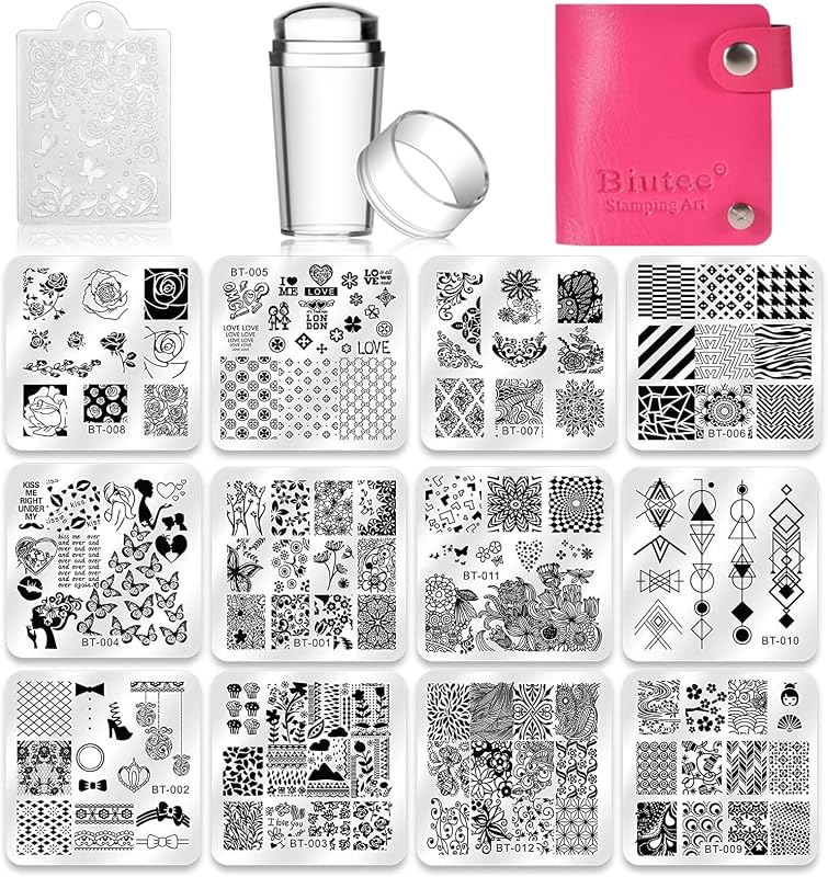 Juego de placas para estampado de uñas Biutee, kit de placas para uñas de 12 piezas | 1 estampador 1 raspador 1 bolsa de almacenamiento Plantilla de placa de uñas plantilla de imagen herramienta para uñas excelente calidad fácil de usar
