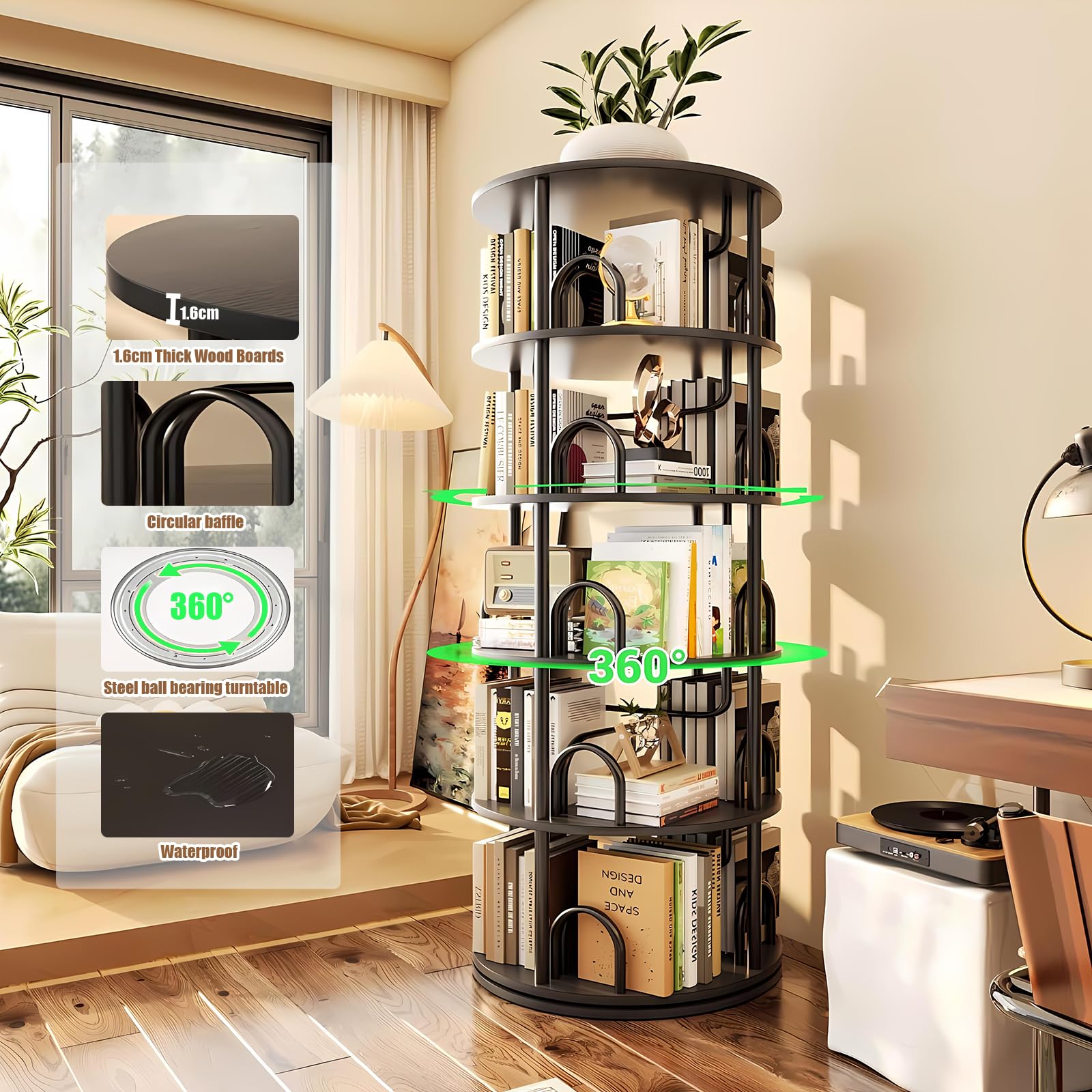 Drehbares Bücherregal 360 Grad, bücherregale Holz, Bodenstehendes ständer Bücherschrank, Aufbewahrungsregal Organisator, Lagerregal für Schlafzimmer Kinderzimmer Wohnzimmer, Schwarz (A, 5 Ebenen)