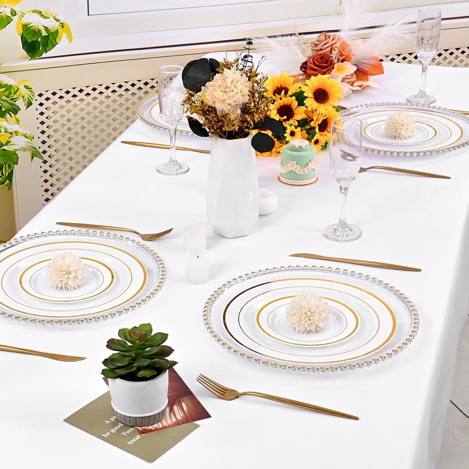 YMHPRIDE 24 Pack Clear Charger Plates Bulk, 13 Inch Plastic Acrylic Round Dinner Plate with Gold Beaded Rim Round Charger Plate Service for Home Wedding Party Event Table Setting Decoration