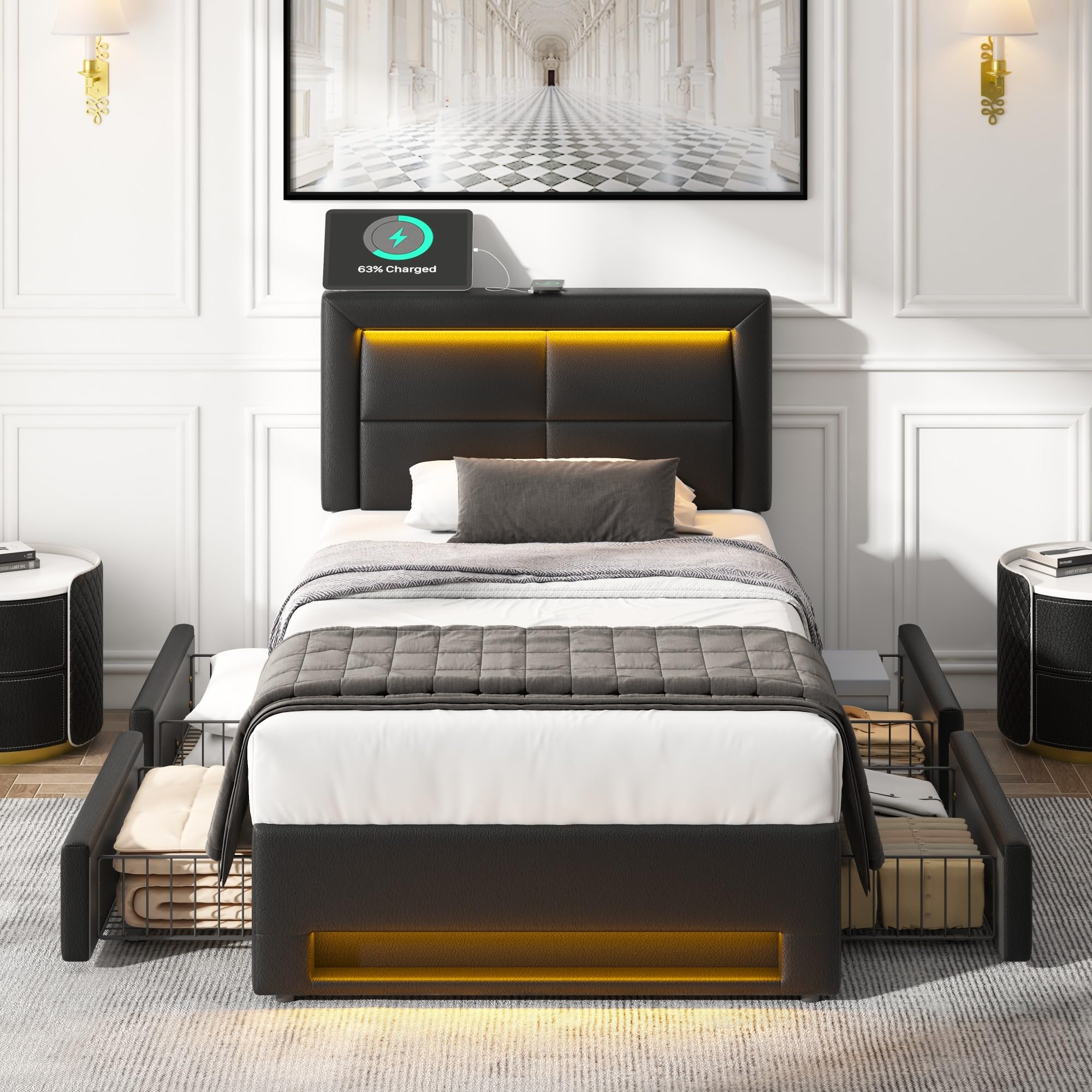 Cama 90 x 190 cm con LED y USB (soporta inalámbrica), cama tapizada de 90 x 190 cm con 4 cajones y cabecero, cama individual con somier, cama de almacenamiento, cama juvenil moderna estructura de