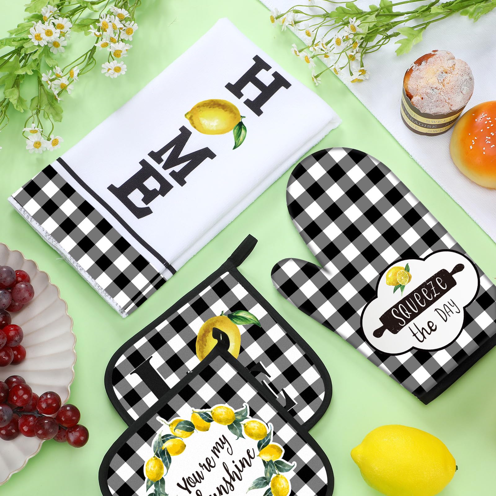 5 sztuk ręczników kuchennych w kratę bawół, rękawice kuchenne i uchwyt na garnki, zestaw czarno-białych ręczników kuchennych, rękawiczek kuchennych i uchwytów na gorące podkładki, uchwyty na garnki,
