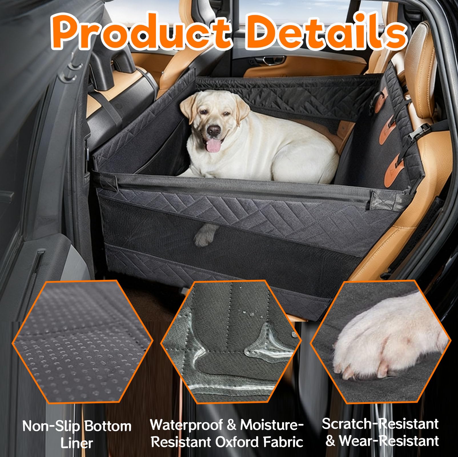 Hundesitz Auto Rückbank Mit 4 Befestigungsgurten, Hunde Autositz für Mittlere & Großhunde, Wasserdichter Rücksitz Hundeautositz, Rutschfester Hundekorb Auto, Haustierautositz für SUV und LKW (Grey)