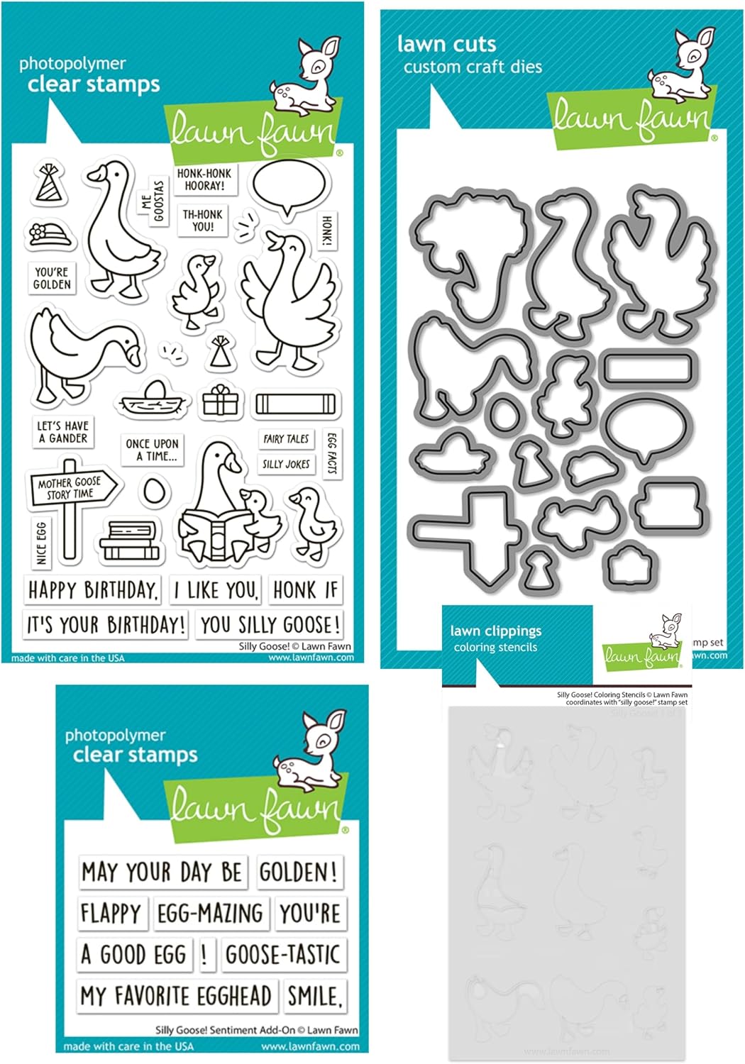 Lawn Fawn Silly Goose Stamp Set Bundle, 4x6 inch Clear Stamps, Dies, Add-On Stamps, Coloring Stencil, 4 Pieces