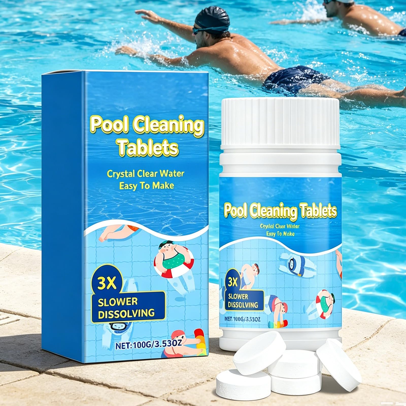 Pool Chlorine Tablets, 100 Pack Water Cleaning Tablets for Hot Tub and Spa, Fast Acting Hot Tub Chlorine Tablets for Crystal Clear Water, Water Quality Balancer for Swimming Pool
