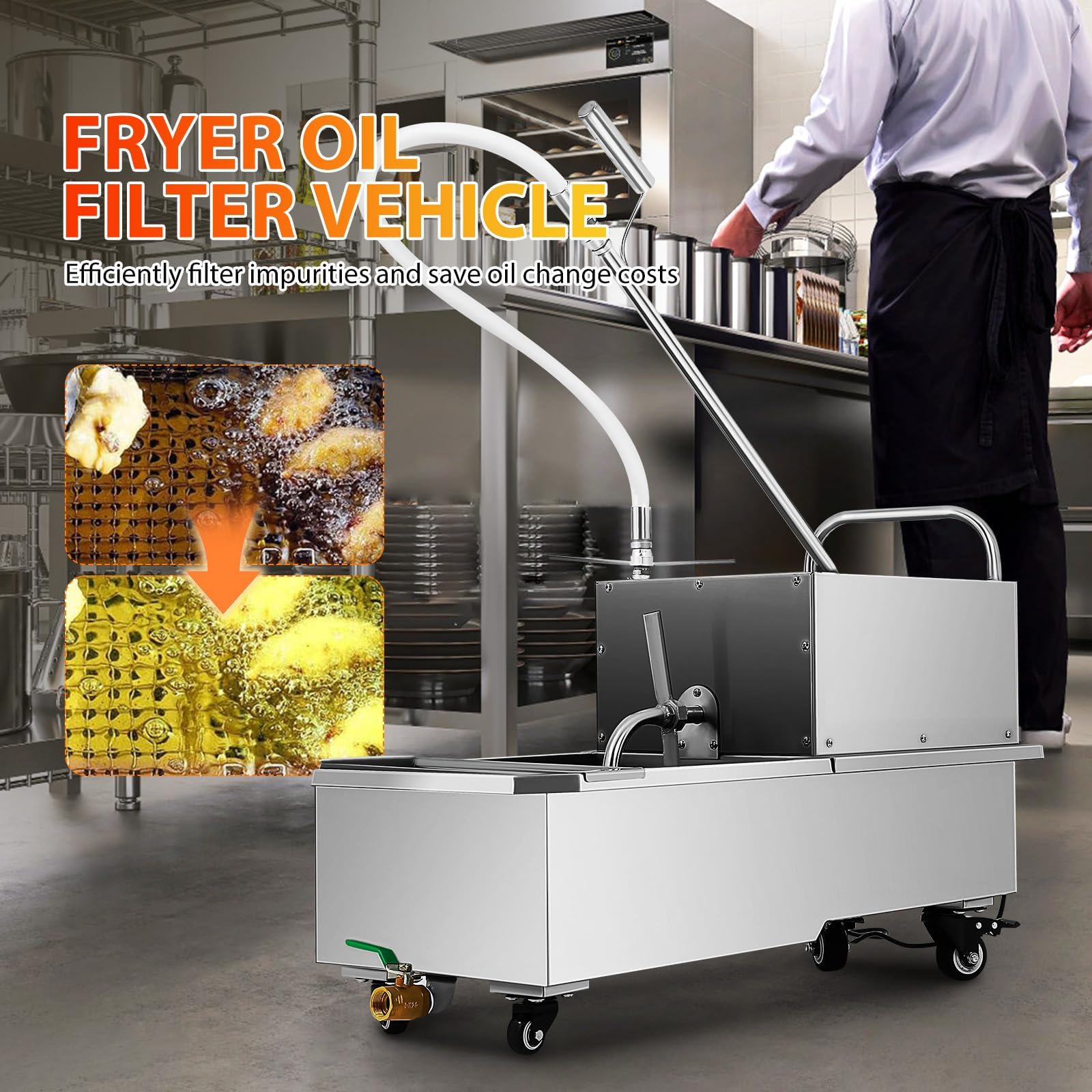 Carro de filtro de aceite para freidora móvil de acero inoxidable, sistema de filtración de aceite de 58 litros para un filtrado rápido en restaurantes y supermercados