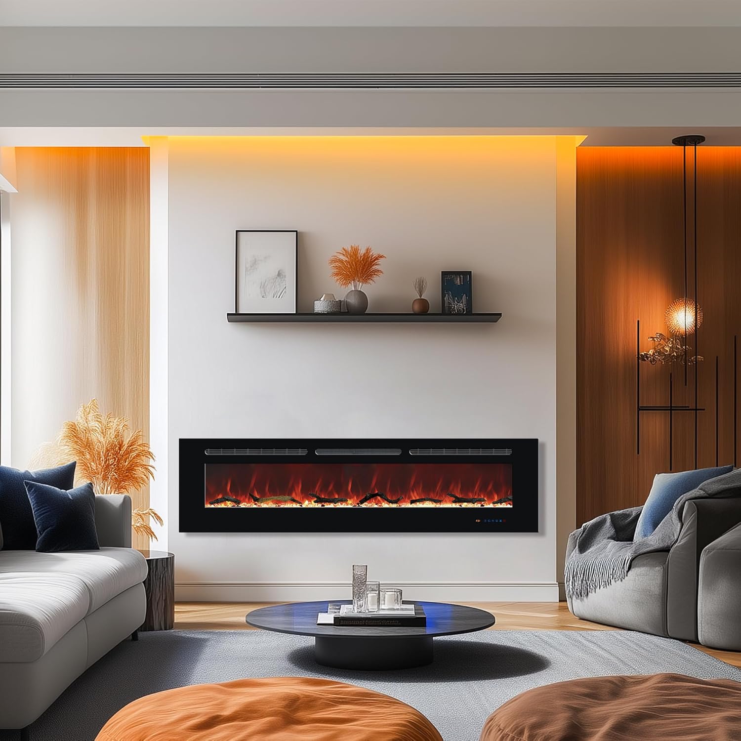 Electric Fireplace 60 In, Wall Mounted & Recessed Electric Fireplace Inserts, Remote & Touch Screen Control, 169 Flame Color Combinations, Timer & Thermostat Fireplace Heater, 1500W, Black