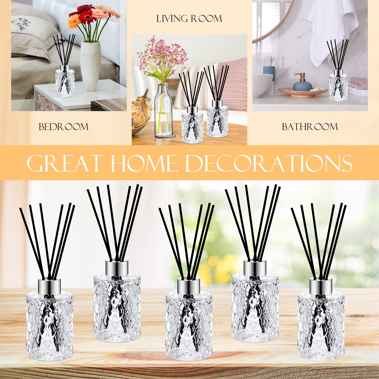 Leere Schilfrohr-Diffusor-Flaschen mit schwarzen Rattan-Sticks und Kappen, 150 ml, klares Glas, Raumduft, Zubehör für ätherisches Öl, Aromatherapie, Zimmer, Badezimmer, Bürodekoration, 6 Stück (Silber