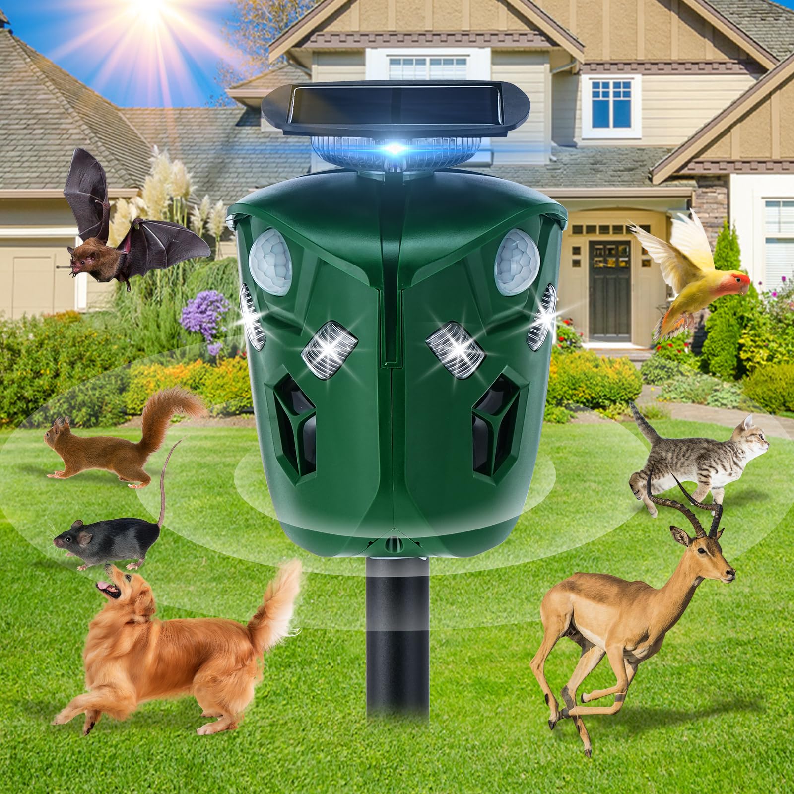 Repelente para Gatos, 360° Ultrasónico Repelente Gatos IP44 Impermeable Ahuyentador Exterior para Animales Carga Solar y USB para Gatos Perros Ciervos Mapaches Conejos Ratones