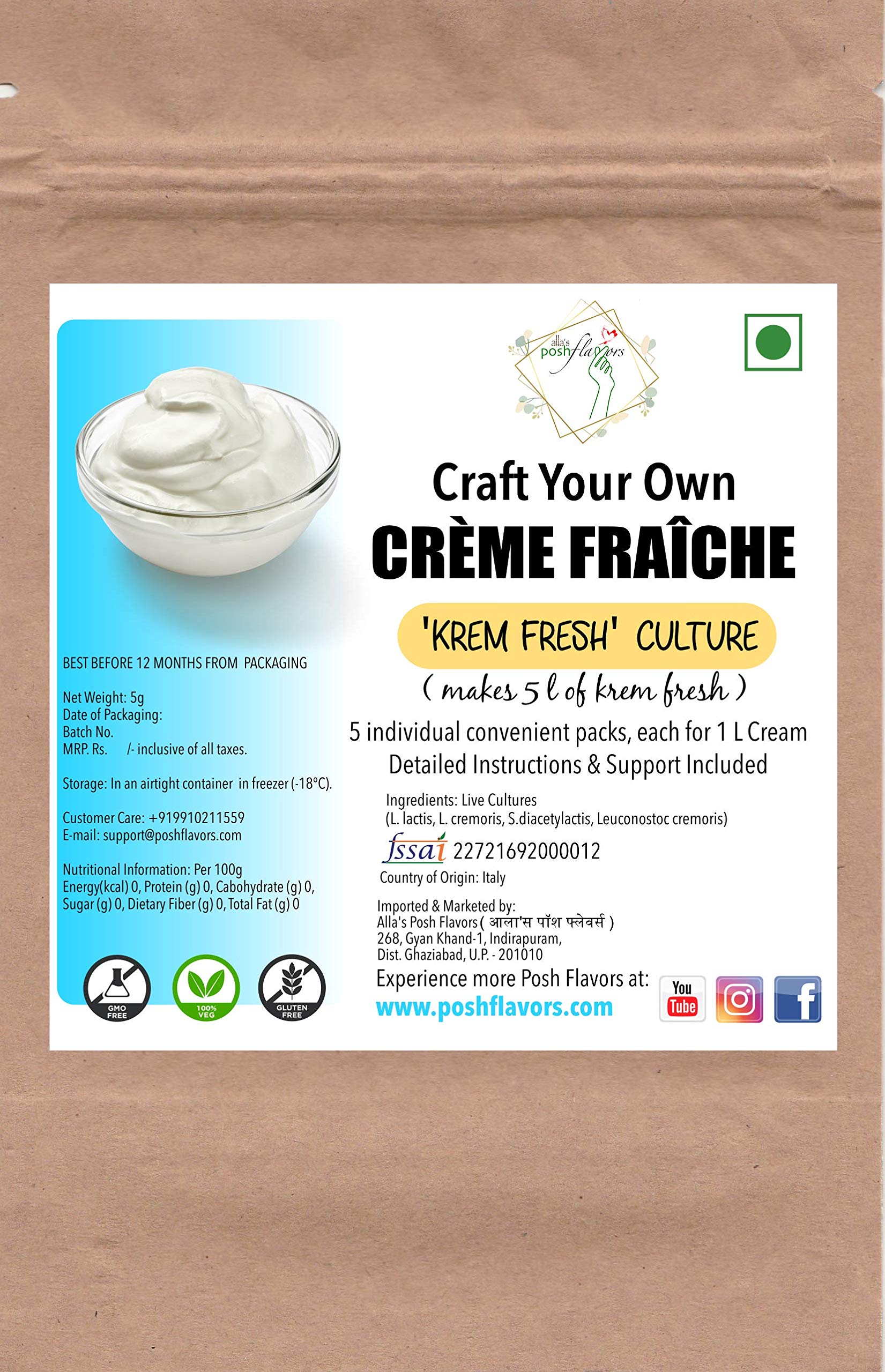 Alla's Posh Flavors Creme Fraiche Starter Culture | 5 Convenient Packets | Non-GMO | Gluten-Free | 100% Veg | Detailed Instructions Included | Makes 5 L of Creme Fraiche