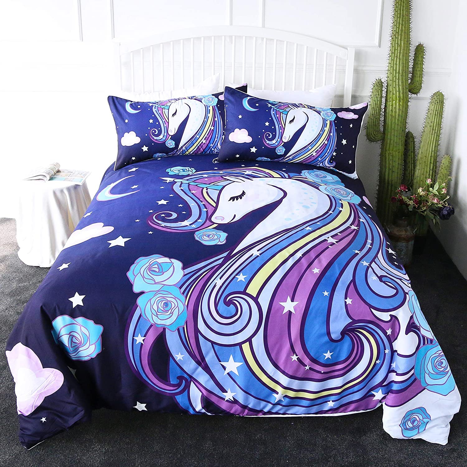 Arightex Purple Mane White Unicorn Bedding Full Size 3 Pieces Teens Boys Fantasy Horse Duvet Cover Set