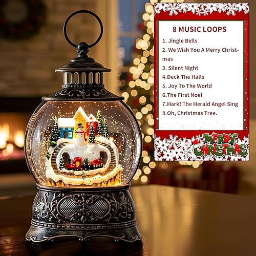 Vista 5 de Linterna de agua con globo de nieve de pueblo navideño con muñeco de nieve y escena de tren, funciona con pilas o alimentado por USB, decoración