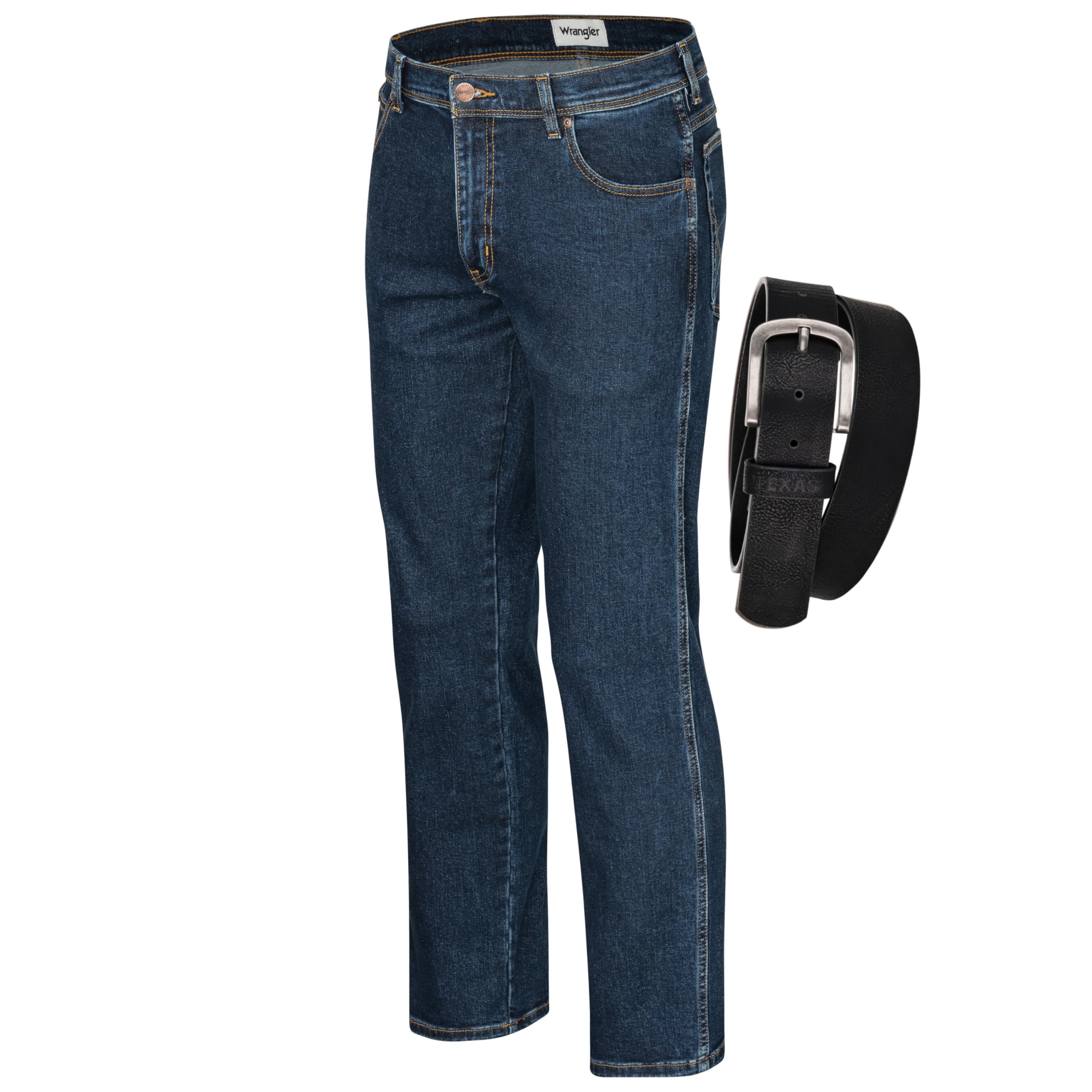 Wrangler Texas Herren-Stretchjeans Regular Fit Authentic Straight in verschiedenen Waschungen mit Gürtel in schwarz oder braun (W40/L36, Darkstone + schwarzer Gürtel)