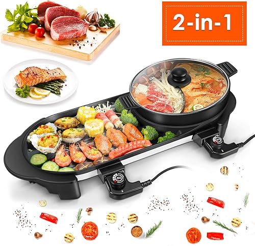 Miniatura 2 de SEAAN Parrilla eléctrica extraíble Shabu-shabu Pot Grill desmontable con bandeja de horno de gran capacidad, sartén antiadherente para barbacoa,