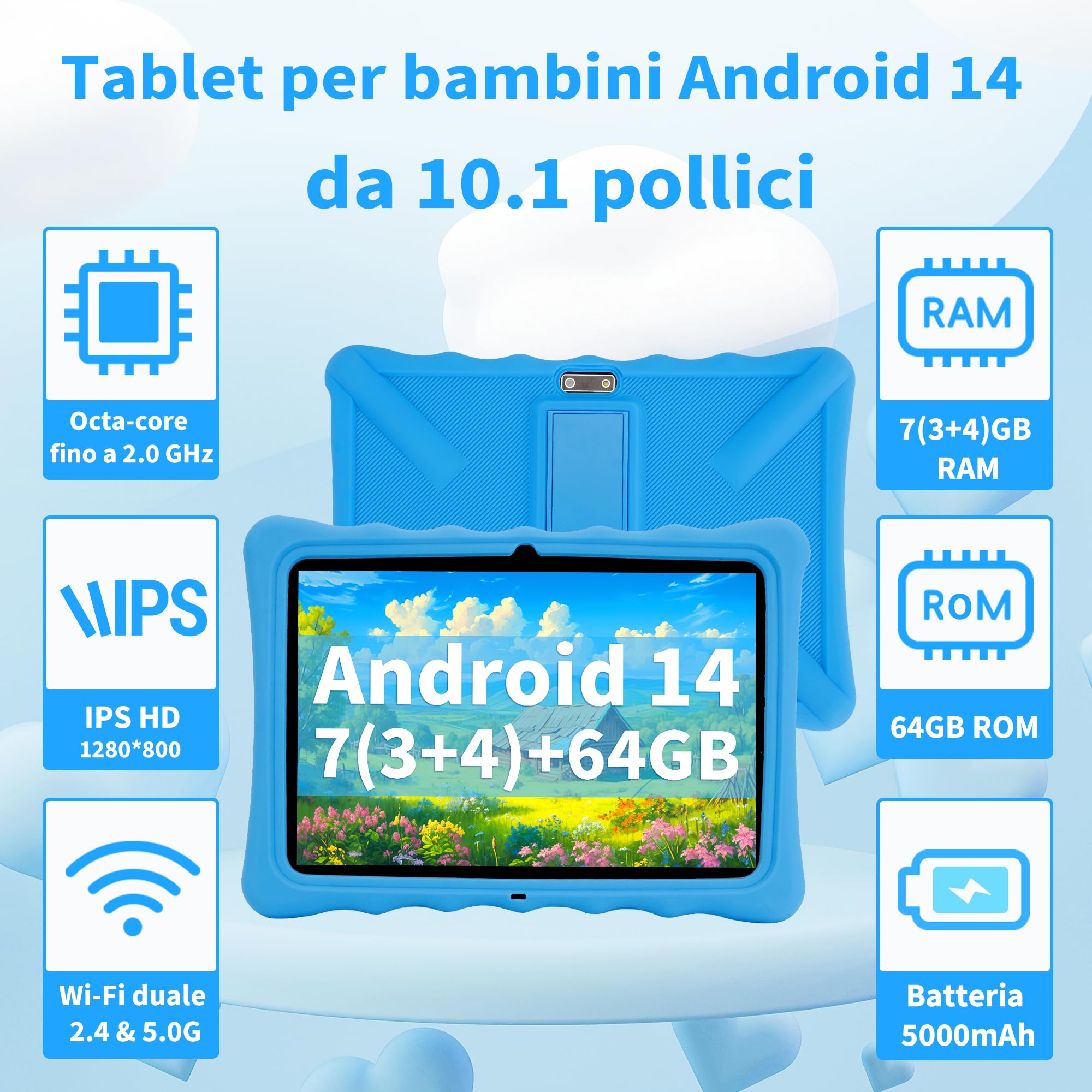 Veidoo Tablet per bambini, schermo IPS da 10,1 pollici, 7 GB (3 + 4) RAM 64 GB ROM, 512 GB espandibile, doppia fotocamera, WiFi 6, tablet Octa-Core Parental Control con custodia protettiva in silicone