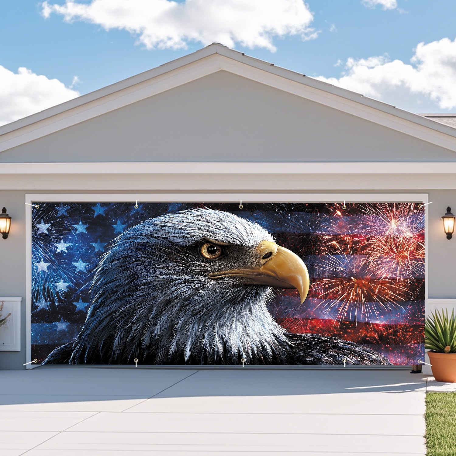 Patriotic Bald Eagle Garage Door Banner 7x16FT, American Flag Fireworks Independence Day Garage Door Cover, 4th of July Outdoor Garage Decoration for Yard Driveway Porch