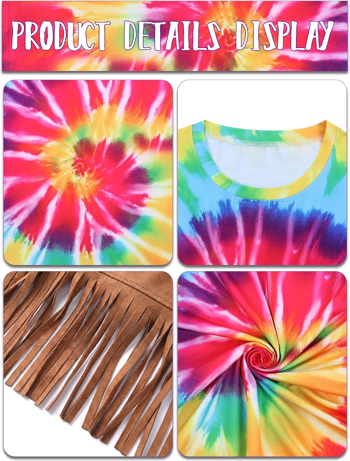 70s Outfits for Men 7pcs Hippie Costume for Men Tie Dye T-shirt Fringe Vest Peace Necklace Wig Sunglasses Headband - Image 7