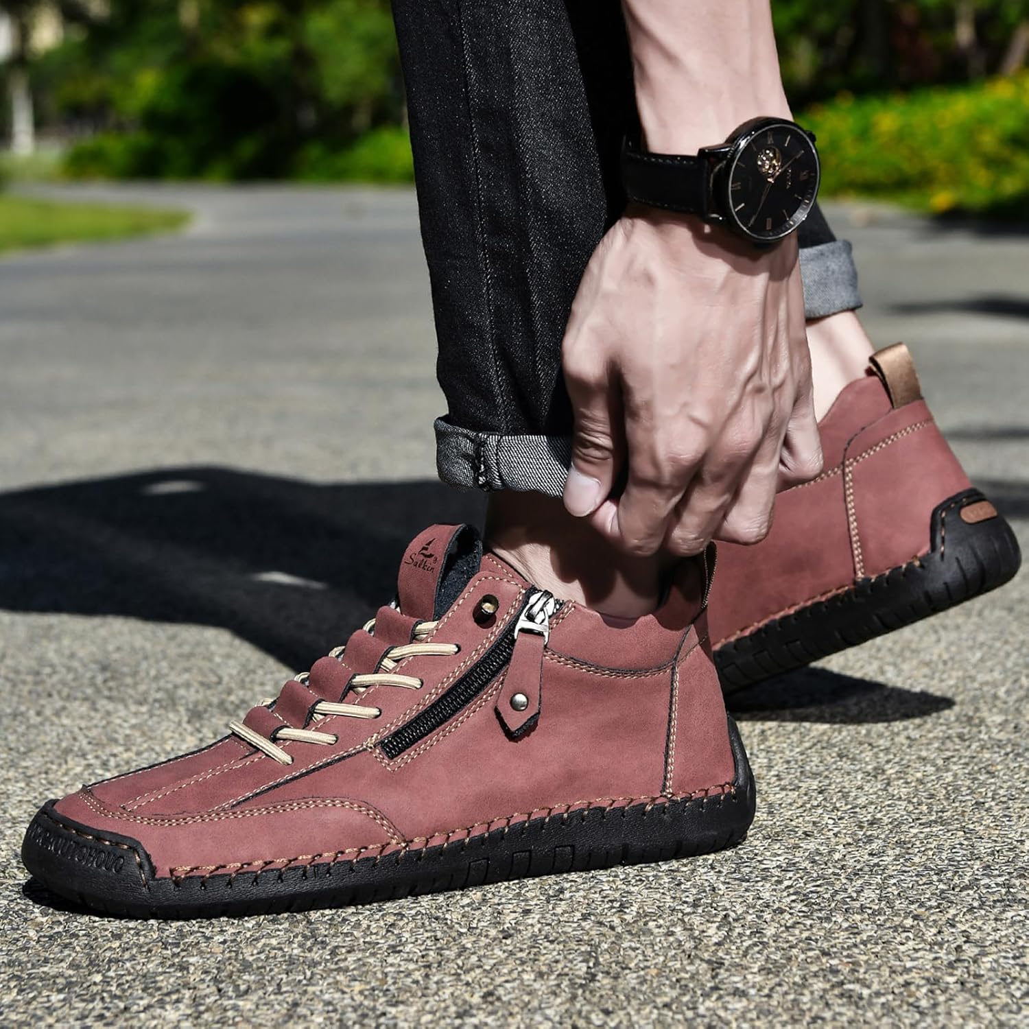 Mens Casual Leather Shoes Ankle Chukka Boots Handmade Side Zipper Mid top Slip On Loafers Fashion Lightweight Walking Driving High Boots - Image 3