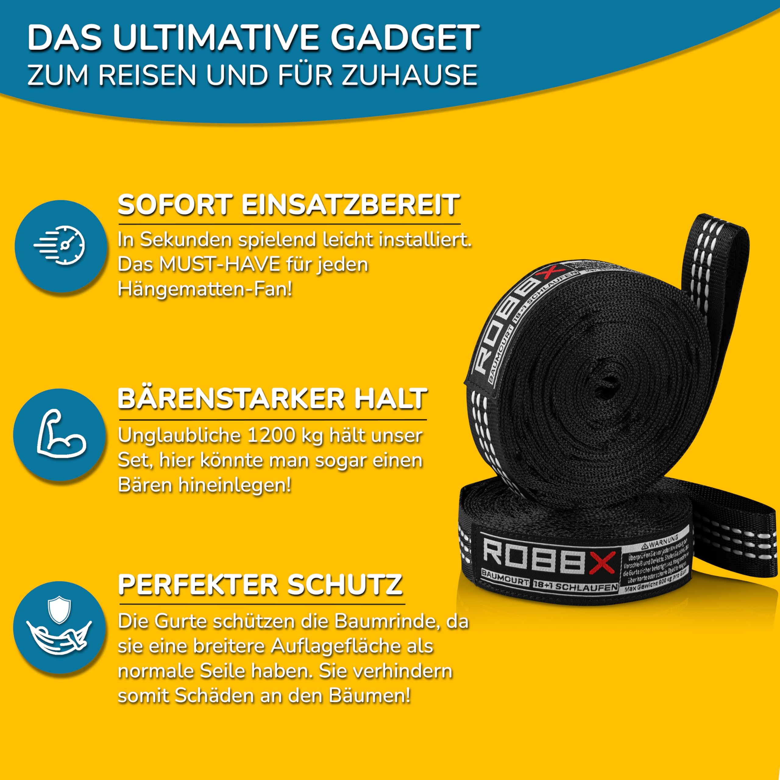ROBBX® Hängematte Befestigungsset 300x2,5cm inkl. Schwerlast Karabiner | Hängematten Aufhängung mit 18 Schlaufen bis 1200kg | Schaukel Baum Befestigung