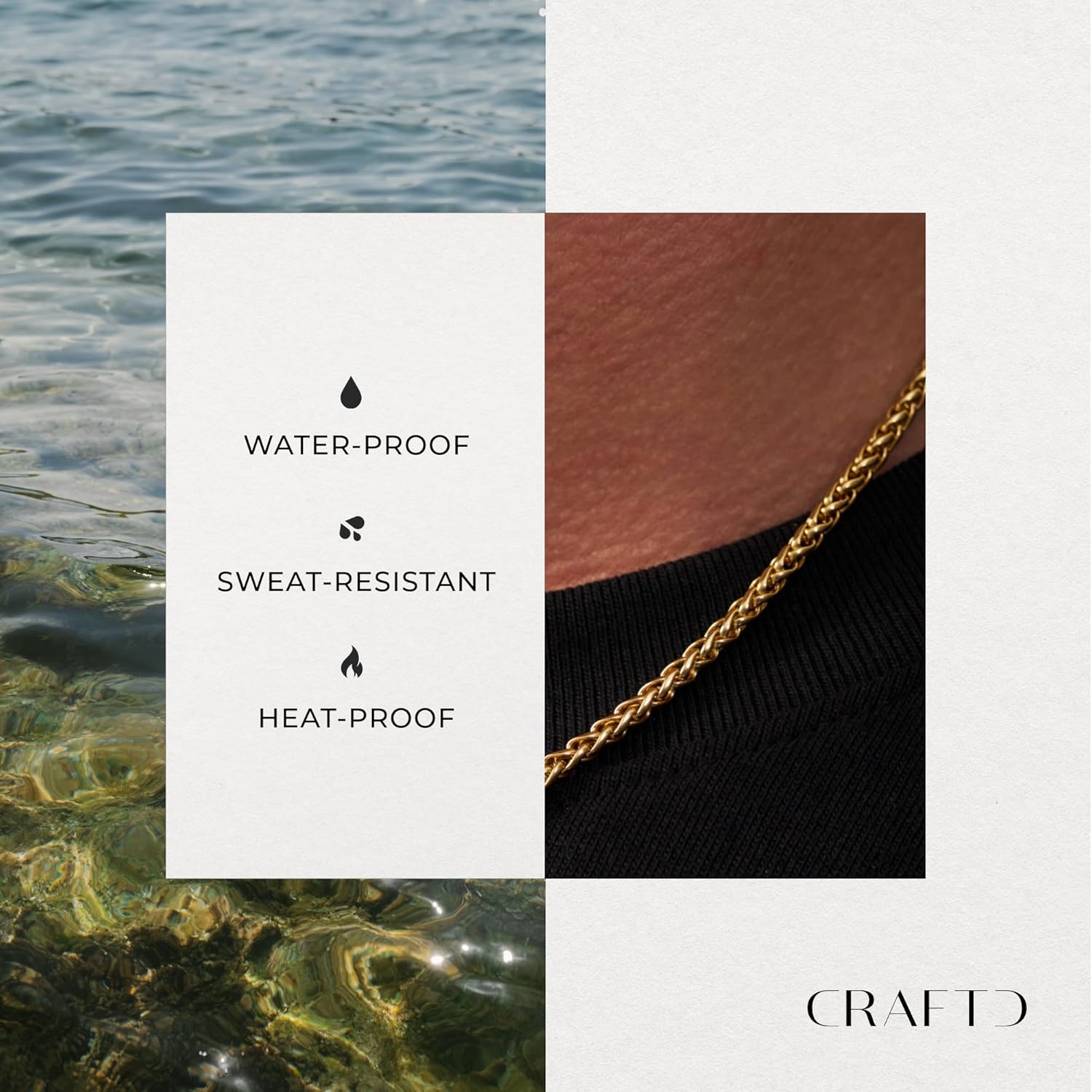 CRAFTD - Gold Wheat Link Chain - Durable 18K Gold & 316L Stainless Steel - Waterproof, Heat & Sweat Resistant - Gifts for Men - Men's Jewelry
