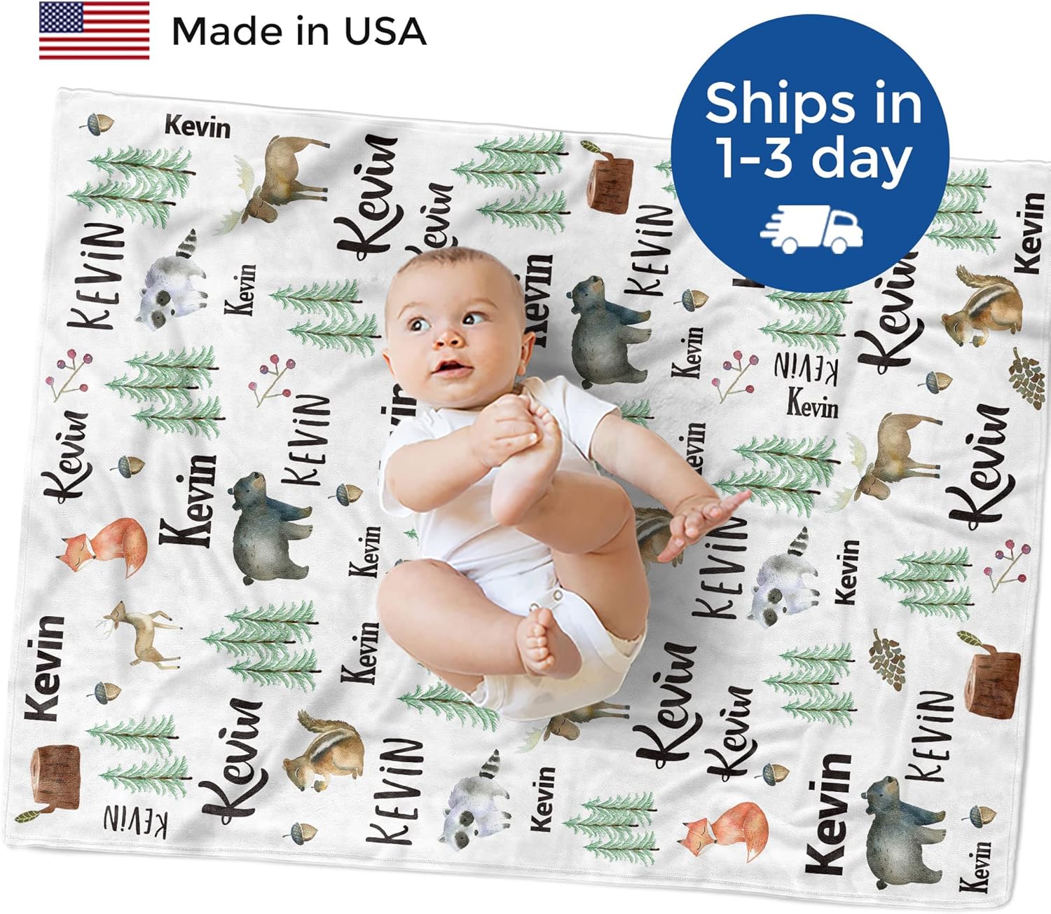 MDPrints Woodland Personalized Baby Blankets for Boys, Personalized Baby Gifts with Name, Customized Baby Blanket, Newborn Boy Gift, Soft Fleece