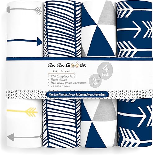 Pack n Play - Juego de sábanas de 4 unidades, 100% de algodón de punto de jersey súper suave, sábana de corral, sábana de corral, sábana bajera