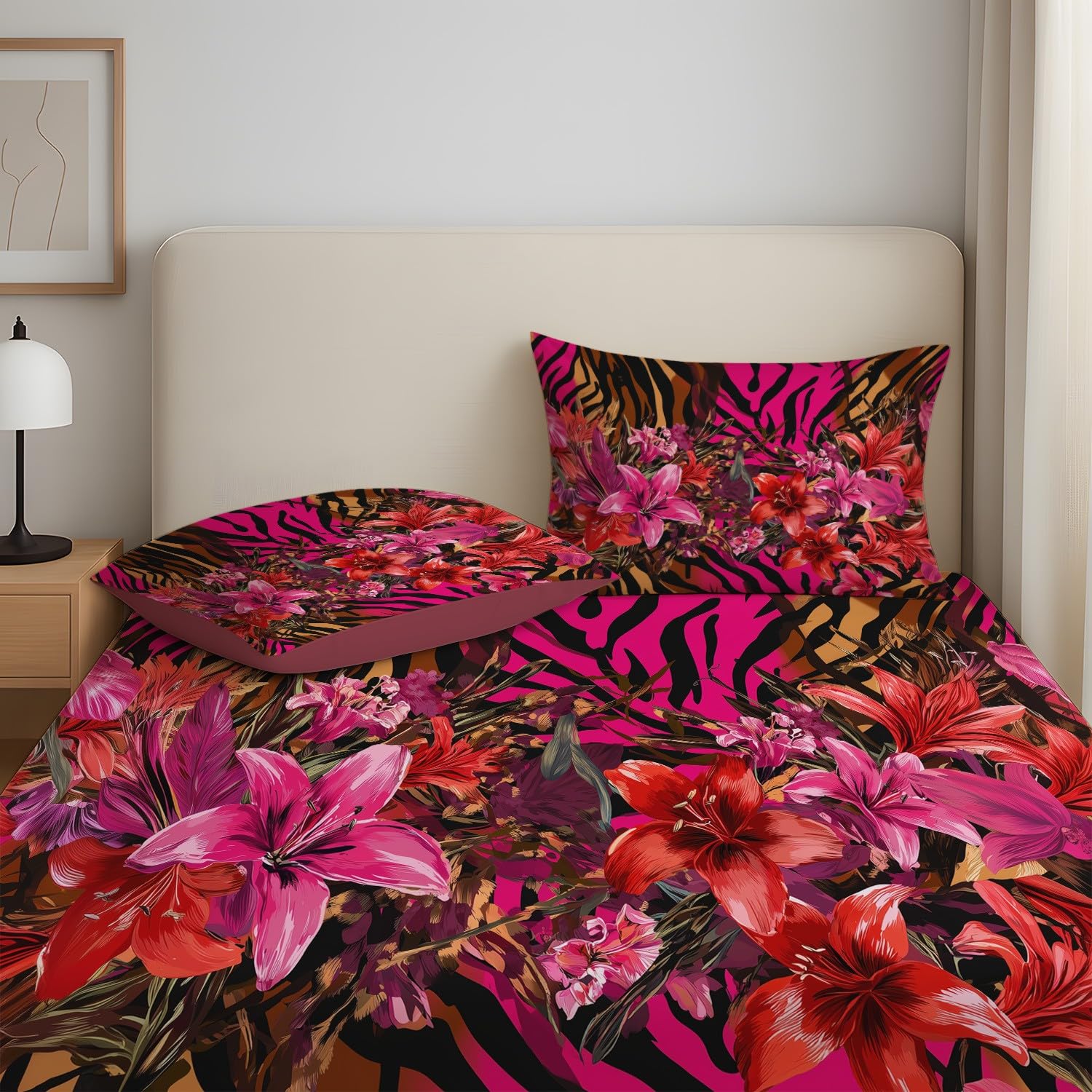 Juego de sábanas bajeras tamaño king con estampado de plantas y animales, 30 cm de profundidad, diseño de flores silvestres, microfibra cepillada suave, resistente a la decoloración, transpirable, 150