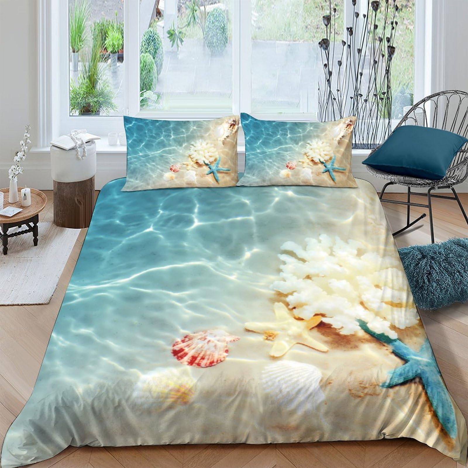 Ctjqhvkz Style-1 3D Printed Ocean Beach Fitted Sheet Microfiber Soft Starfish Seashell Mattress Cover For Bedroom Guest Room Decor Single（135X200cm）