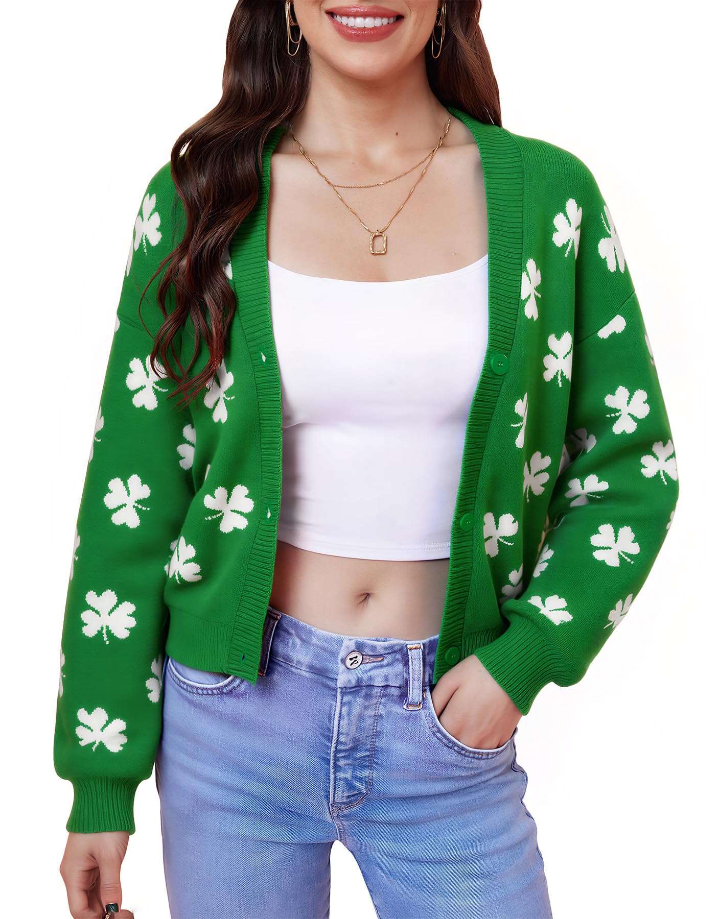 alireverie Women's St Patrick's Day Cute Y2K Cropped Cardigan Long Sleeve Button Down Shamrock Sweater-picture-22