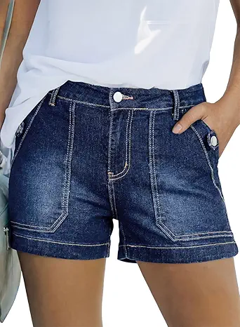 Women's High Waisted Jean Shorts Stretchy Casual Fashion Trendy Denim Shorts with Penny Patch Pocket