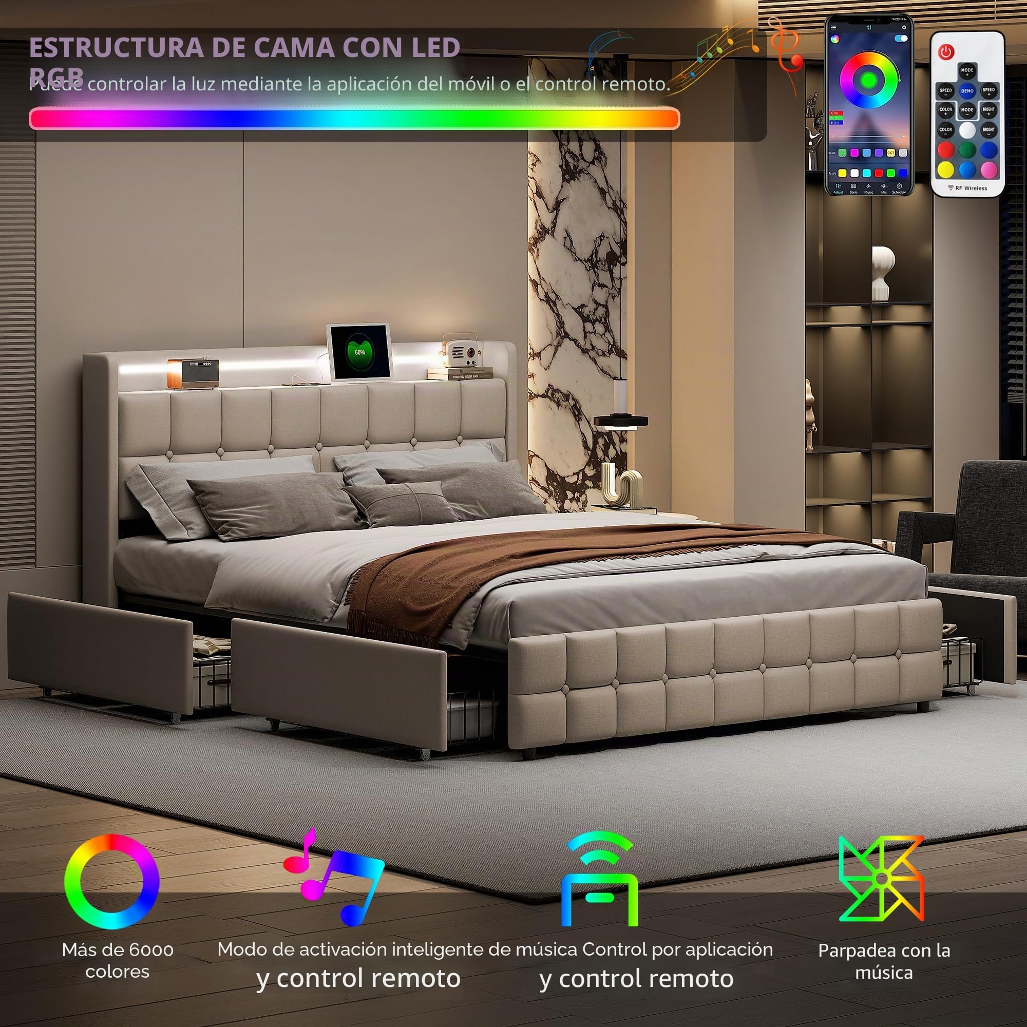 Cama Tapizada 180x200, Cama Doble con 4 Cajones, Cama Doble Tapizada con Somier, Cama Acolchada con USB y Luz LED, Marco de Cama con Cabecero, Cama de Matrimonio (Beige, Lino A, 180 × 200 cm)