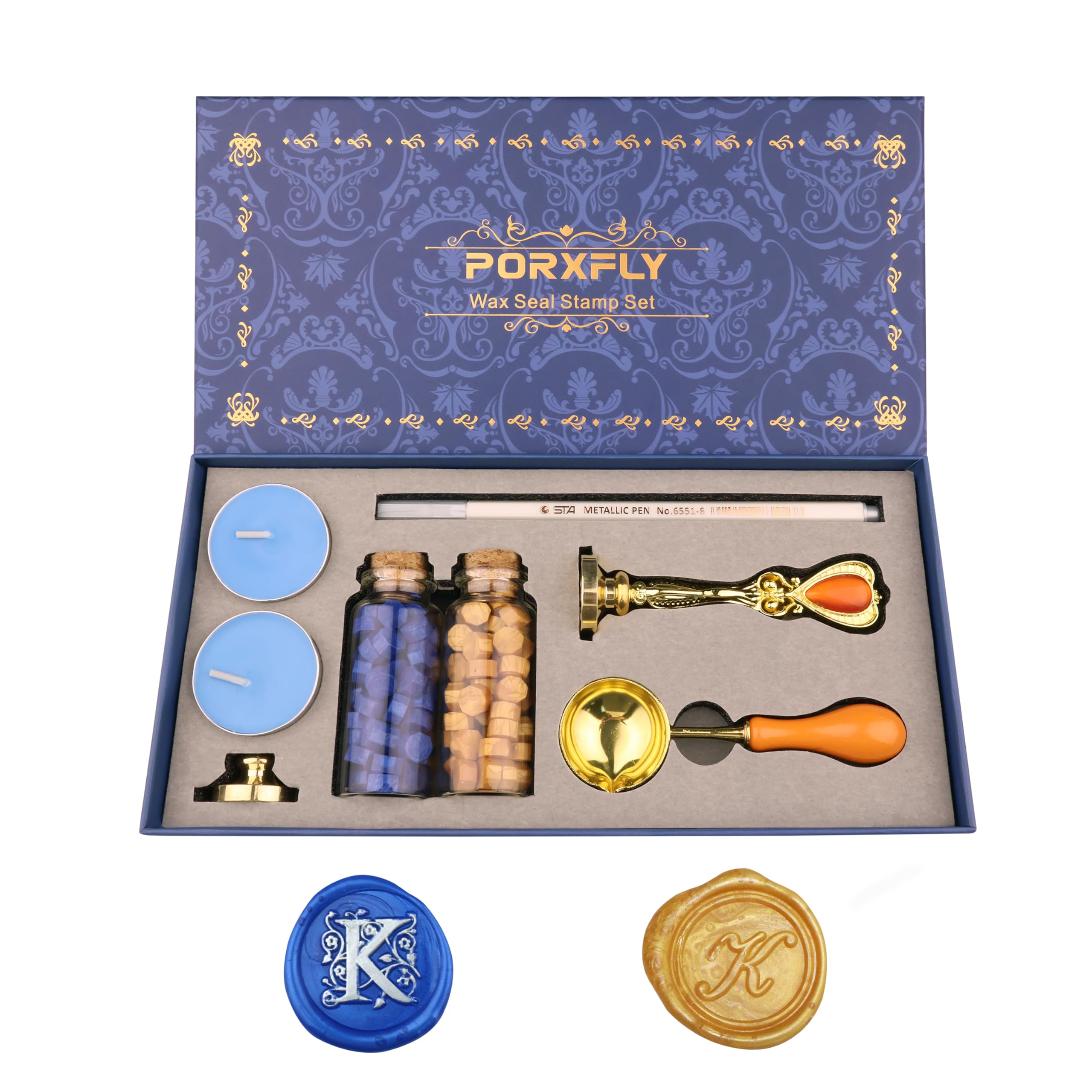PORXFLY 2 Pieces Letter K Wax Seal Stamp Set,Initial Alphabet Wax Seal Stamp Kit Vintage Gift Box, A to Z Letter Series Stamp for Wedding Invitations, Envelopes, Gift Wrapping (K)