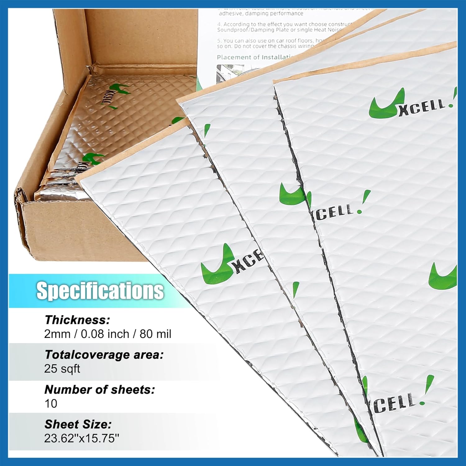 10pcs 80mil 25sqft Car Sound Deadener Heat Insulation Mat Butyl Pad Damping Self Adhesive Deadening Material Door Roof Floor Automobile Sound Barrier Item Replacement