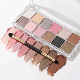 12-Colour Eyeshadow Palette, Matte And Shimmer, Rose Pink, Brown And Grey | Compact Clear Hinged Case, Square Pans, Double-Ended Applicator, Everyday Neutral Make-Up And Smoky Evening Looks