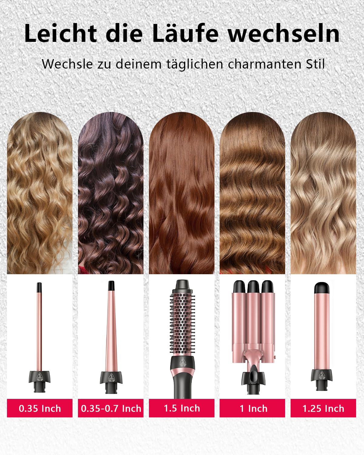 Lockenstab-Set, 5-in-1 Multi-Lockenstab-Set mit 1 Thermobürste, 1 * 3-Wellen-Lockenstab und 3 austauschbaren Keramik-Lockenstäben für Frauen mit allen Haartypen, Doppelspannung**