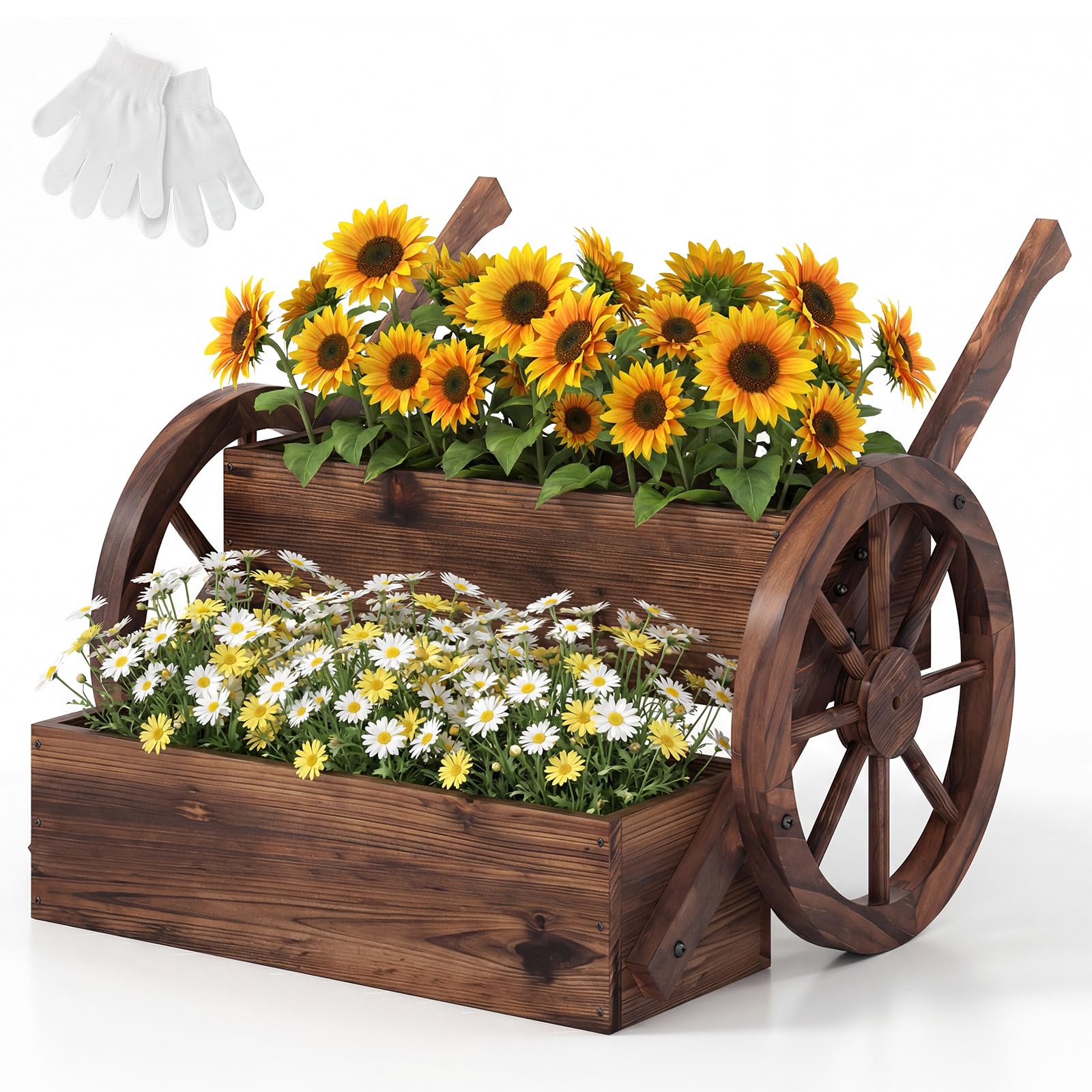 COSTWAY Fioriera Rialzata a 2 Livelli, Carretto di Legno con Fori di Drenaggio, Semi-Ruote e Guanti, per Verdure, Erbe Aromatiche, Fioriera da Interno ed Esterno per Patio, Giardino e Balcone