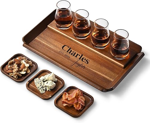Shanik Juego de vasos de whisky personalizados en caja de madera personalizada, bandeja de vuelo personalizada incluida, regalo único de bourbon