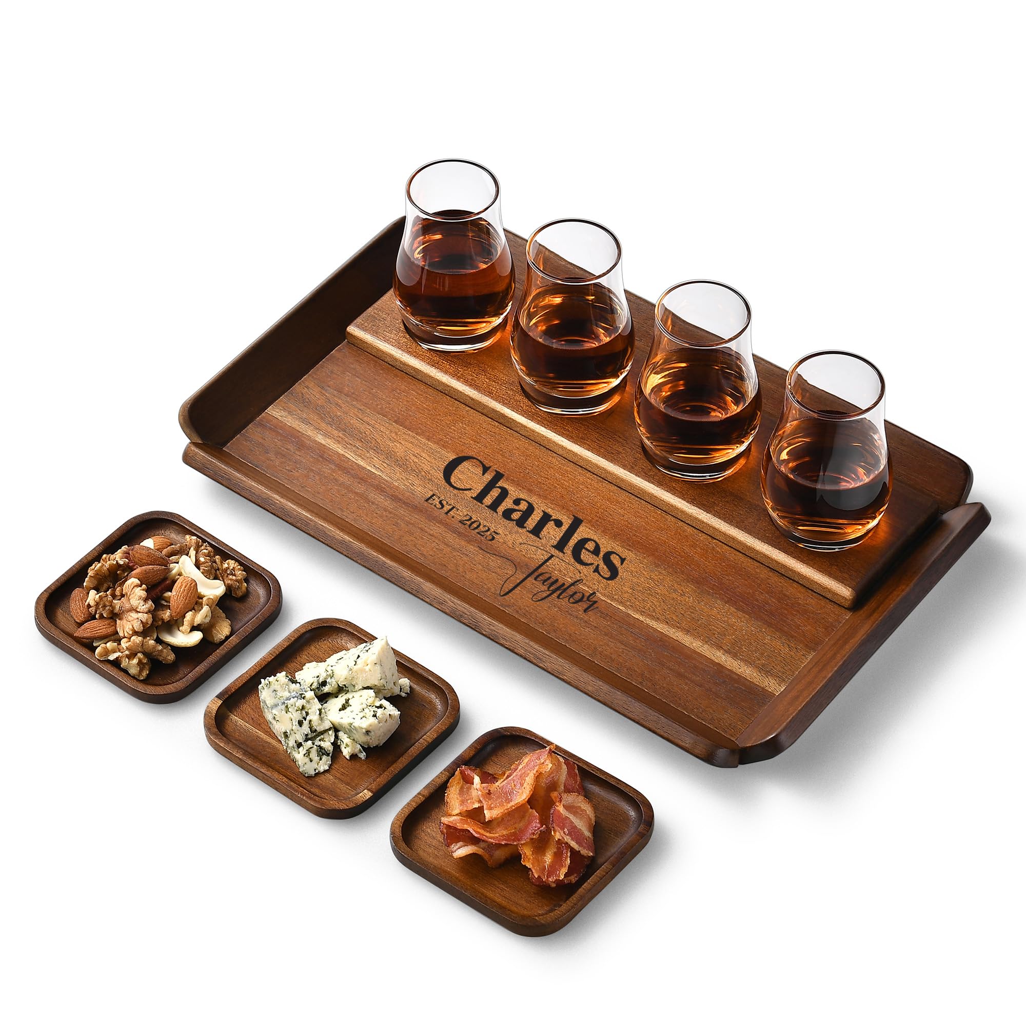 Shanik Personalized Wooden Whiskey Tasting Paddle Set with Glasses & Coasters – Rustic Bourbon Flight Board for Home Bar, Tasting Parties, Gift for Men – Whiskey Sampler Tray for Bourbon, Scotch