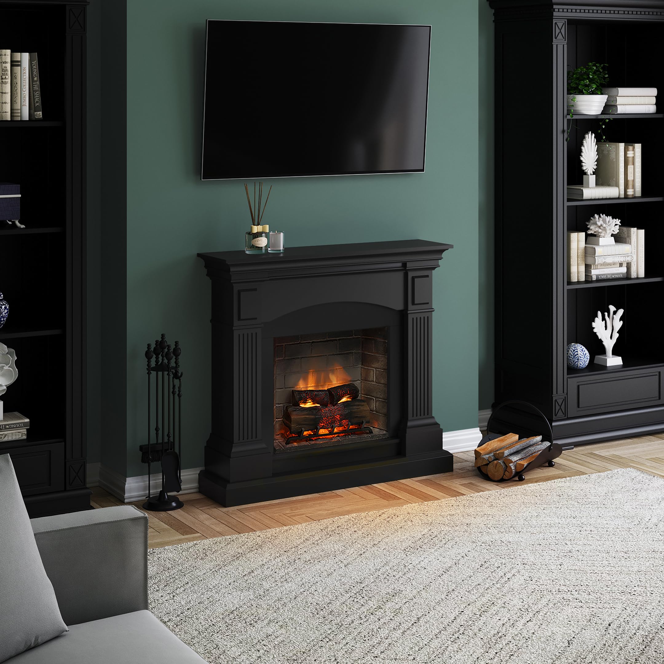 TAGU Magna Camino Elettrico con PowerFlame 2, Riscaldatore e Termostato, Suono Crepitante, Wi-Fi e Luce Ambientale (Nero Profondo)
