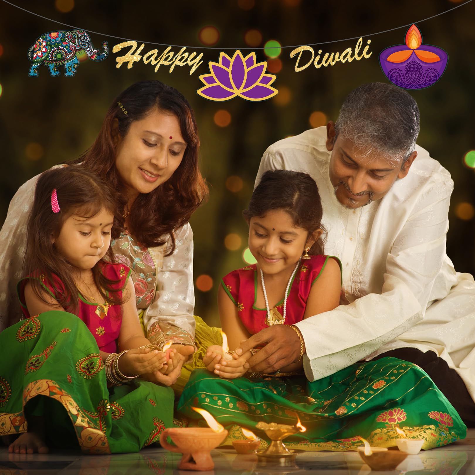 2 Pcs Happy Diwali Banner Hanging Diwali Decorations for House Indian Festival of Lights Party Supplies Diwali Diyas Elephants Lotus Bunting for Deepawali Party Indoor Outdoor Indian Theme Decor - Image 2